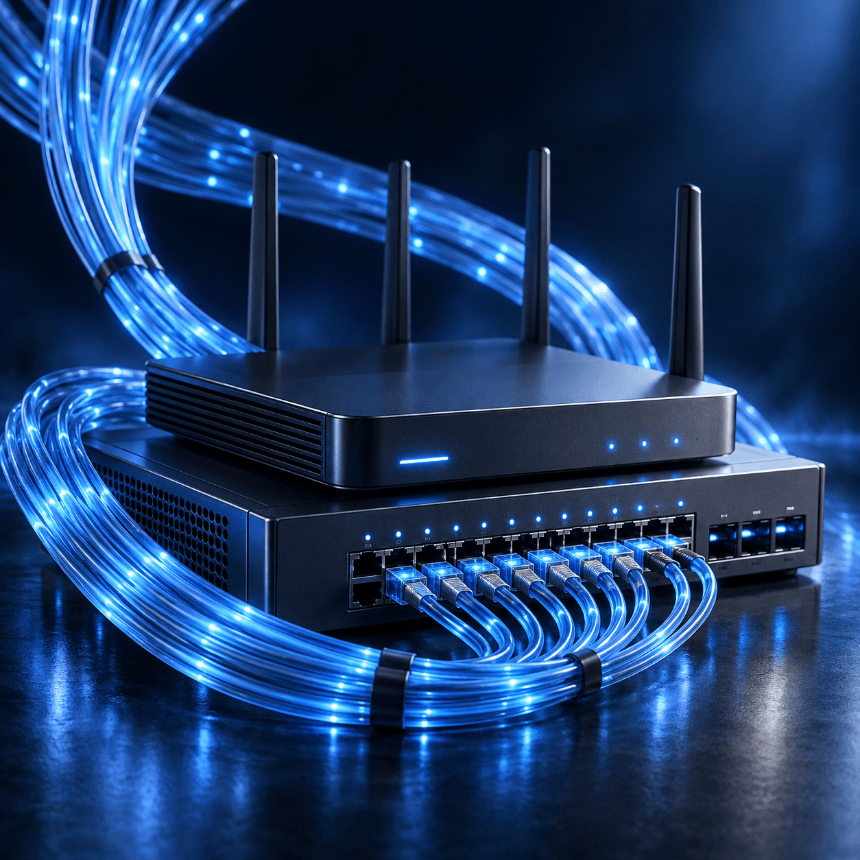 Concept artwork of a network switch and router surrounded by luminous blue fiber connections